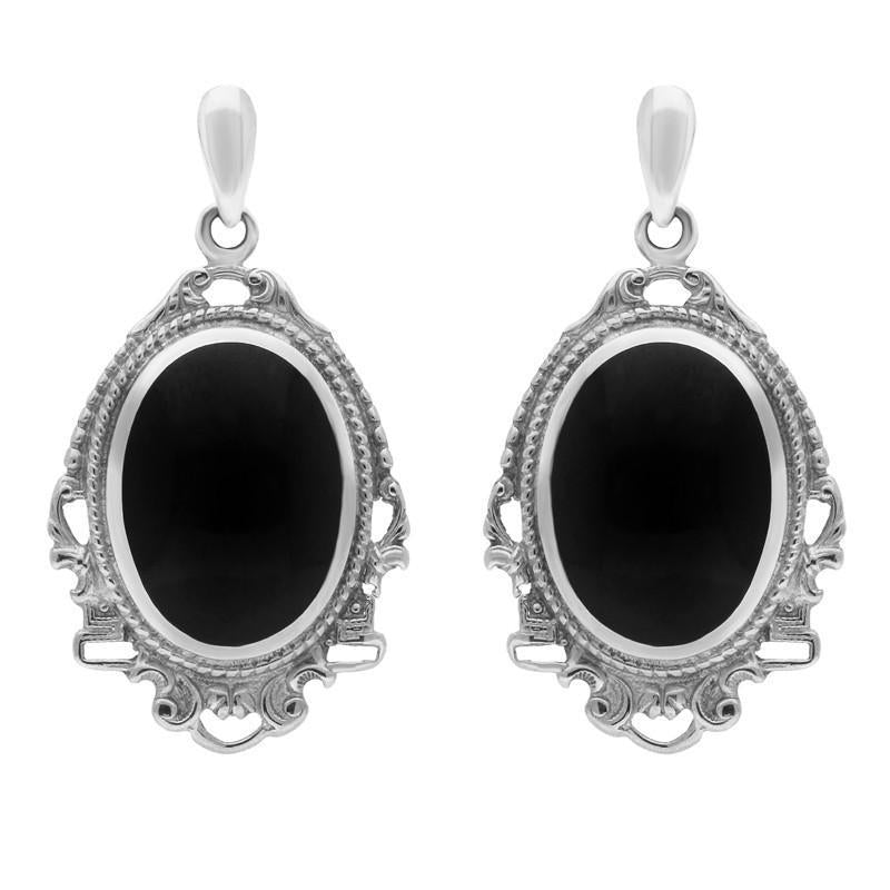 Sterling Silver Whitby Jet Edwardian Style Oval Drop Earrings