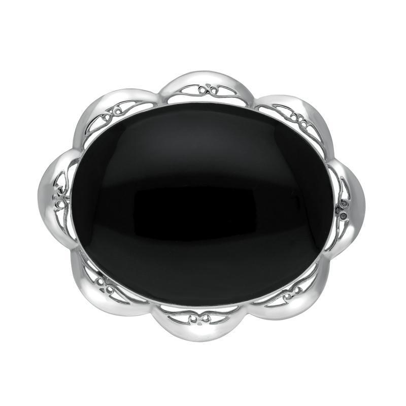 Sterling Silver Whitby Jet Framed Frill Edge Oval Brooch