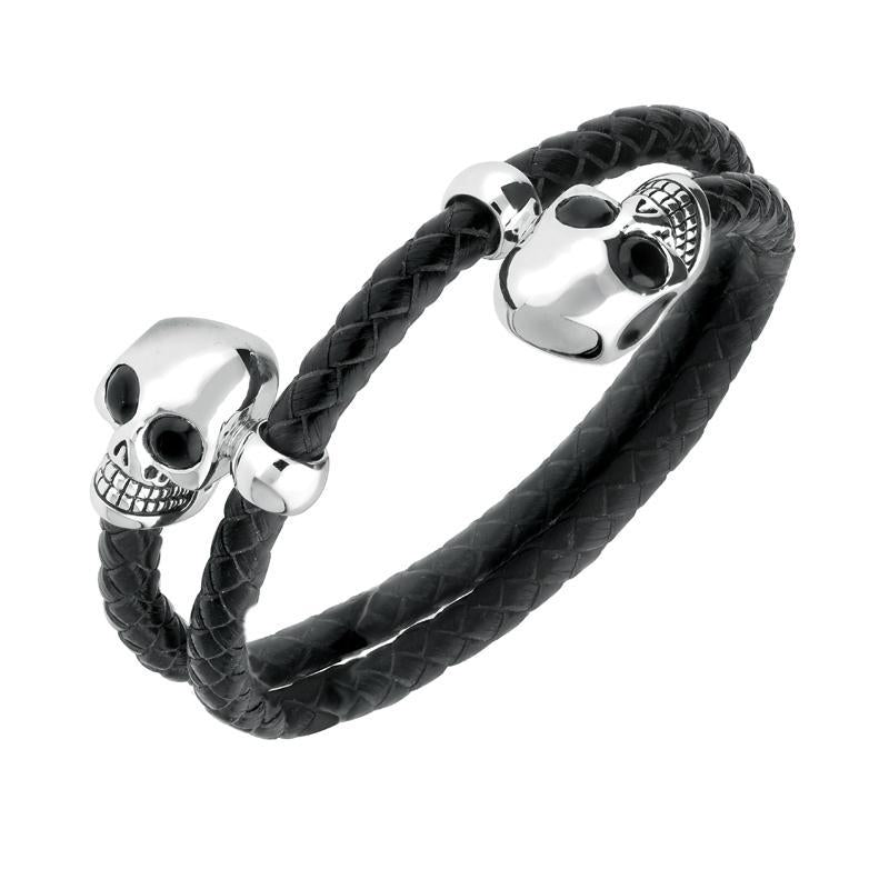 Sterling Silver Whitby Jet Leather Skull Bracelet