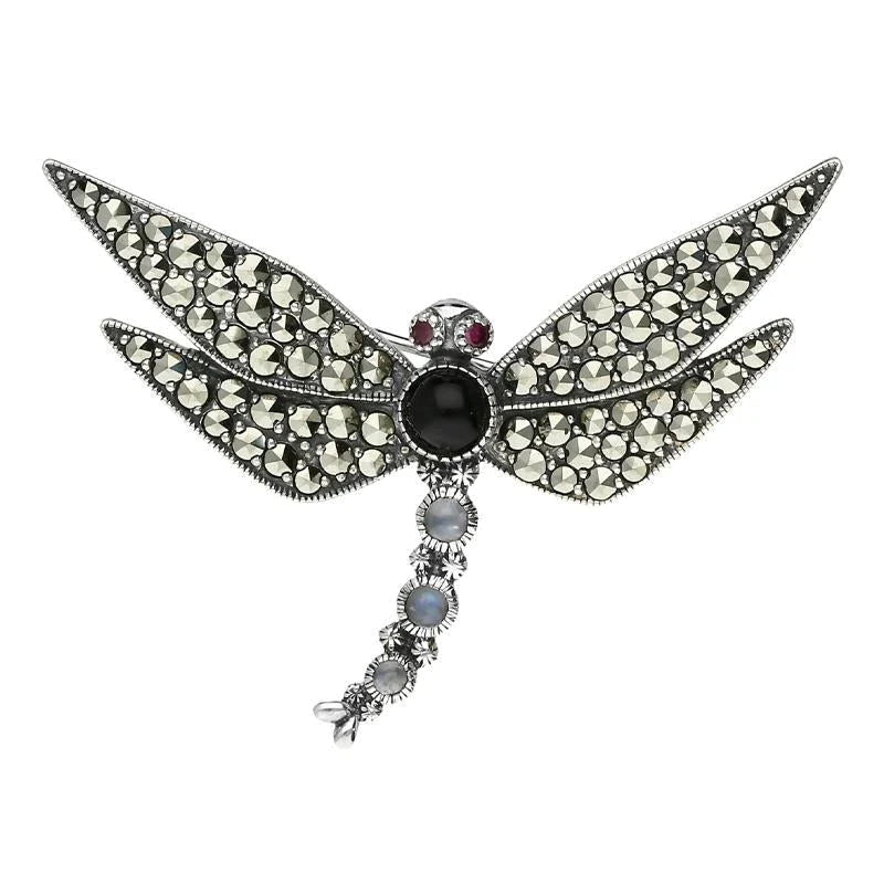 Sterling Silver Whitby Jet Marcasite Garnet Moonstone Dragonfly Brooch