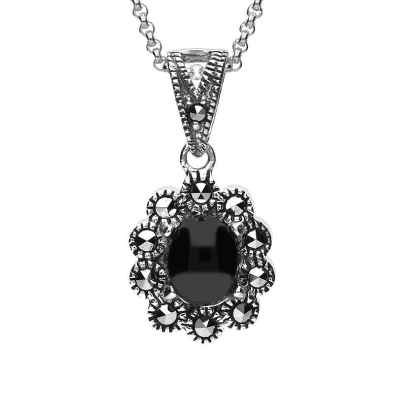 Sterling Silver Whitby Jet Marcasite Oval Beaded Edge Necklace