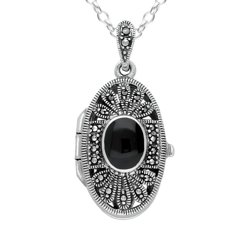 Sterling Silver Whitby Jet Marcasite Oval Floral Locket Necklace