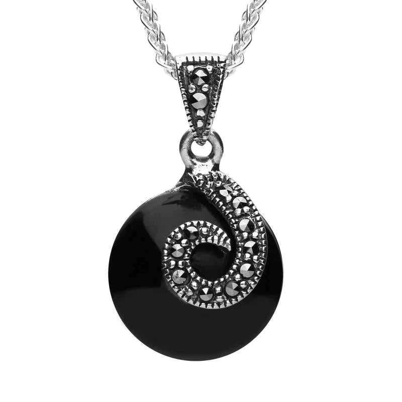 Sterling Silver Whitby Jet Marcasite Round Spiral Necklace