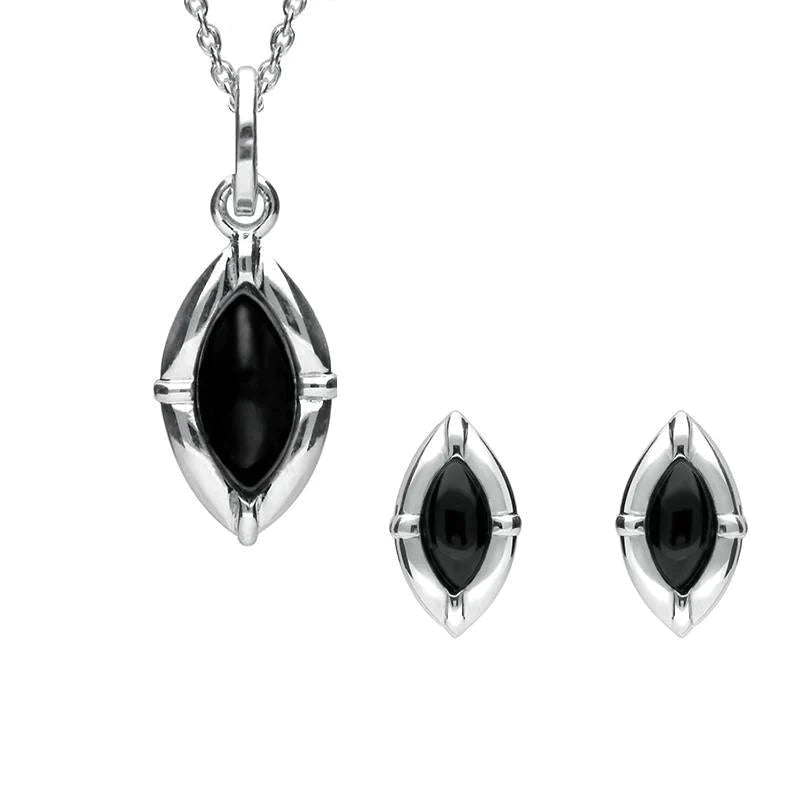 Sterling Silver Whitby Jet Marquise Beaded Edge Two Piece Set