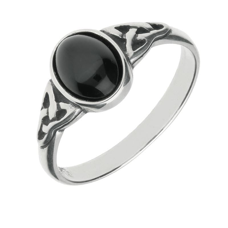 Sterling Silver Whitby Jet Oval Celtic Shoulder Ring