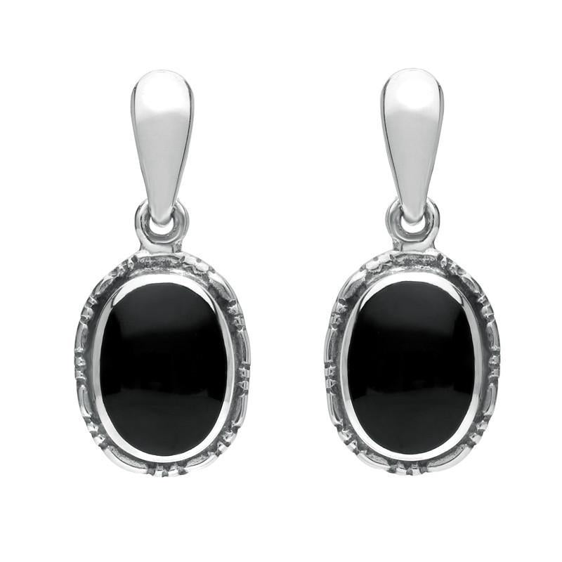 Sterling Silver Whitby Jet Oval Rope Edge Drop Earrings