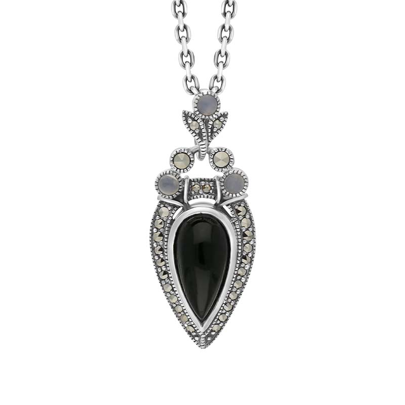 Sterling Silver Whitby Jet Marcasite Moonstone Upside Down Pear Necklace