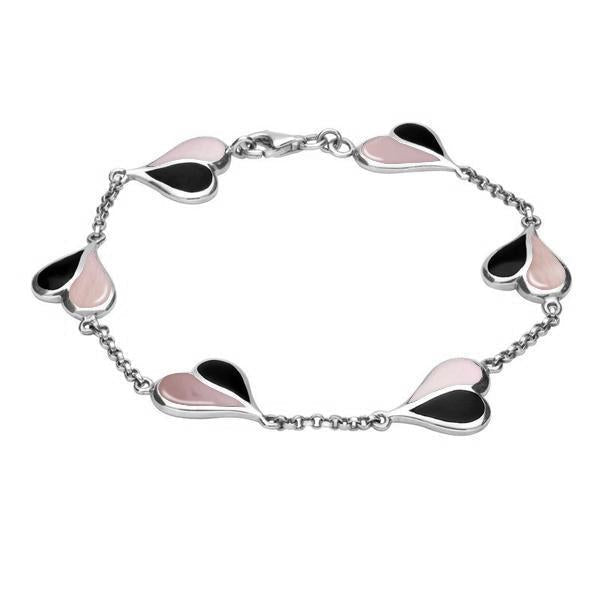 Sterling Silver Whitby Jet Pink Mother of Pearl Split Heart Bracelet