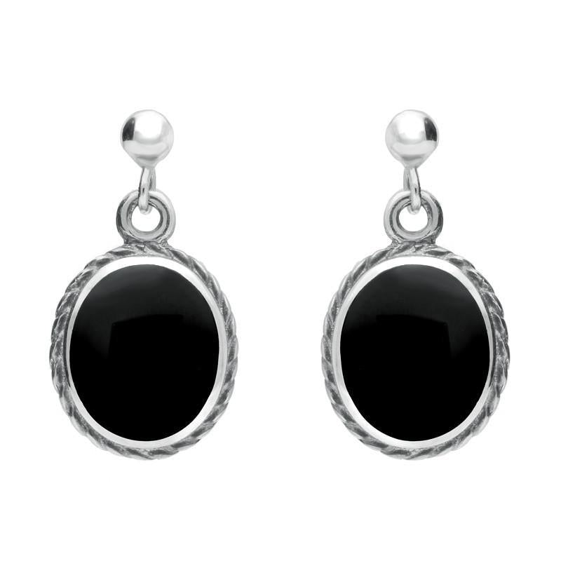 Sterling Silver Whitby Jet Rope Edge Oval Drop Earrings