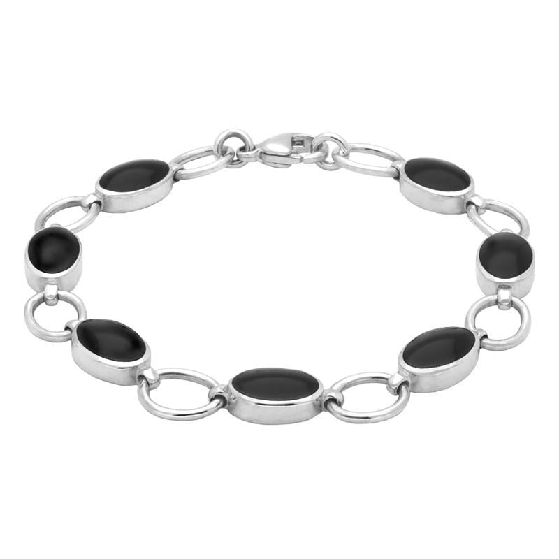 Sterling Silver Whitby Jet Seven Oval Stone Bracelet