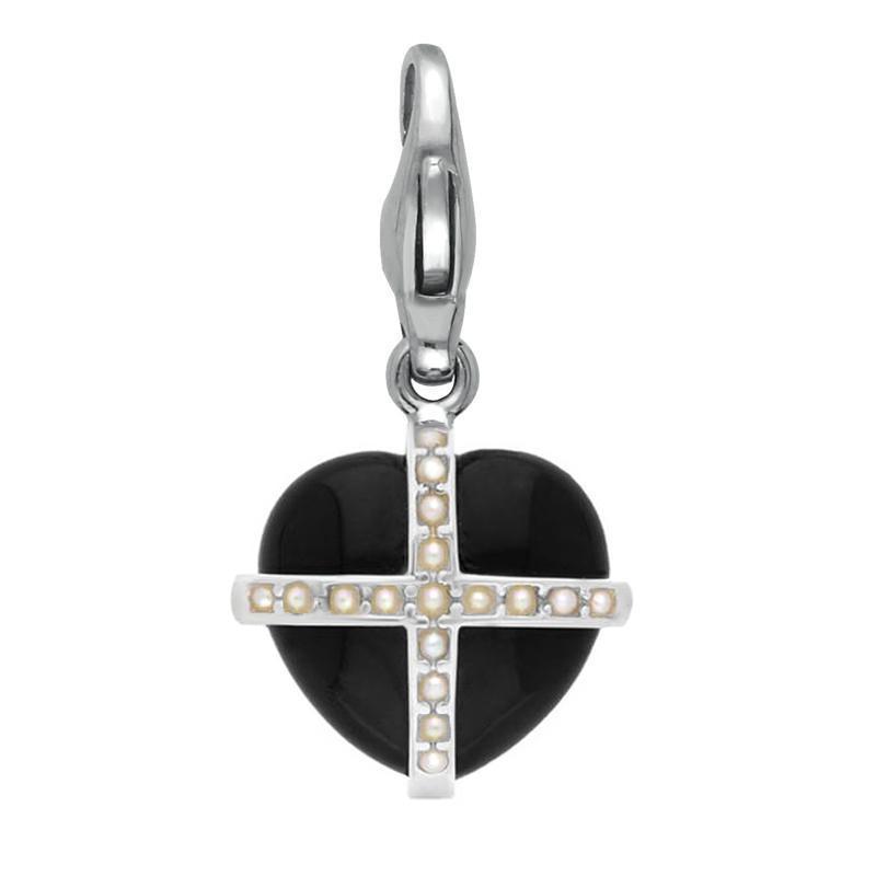 Sterling Silver Whitby Jet Seventeen Pearl Small Cross Heart Charm