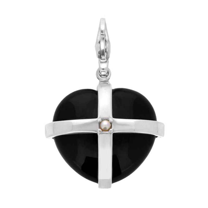 Sterling Silver Whitby Jet Single Pearl Small Cross Heart Charm