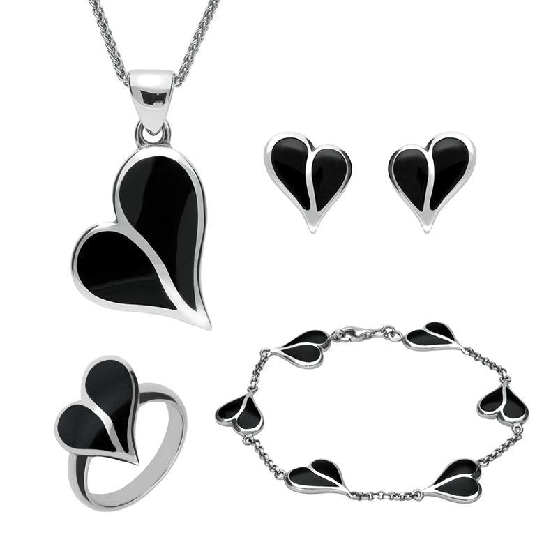 Sterling Silver Whitby Jet Split Heart Four Piece Set