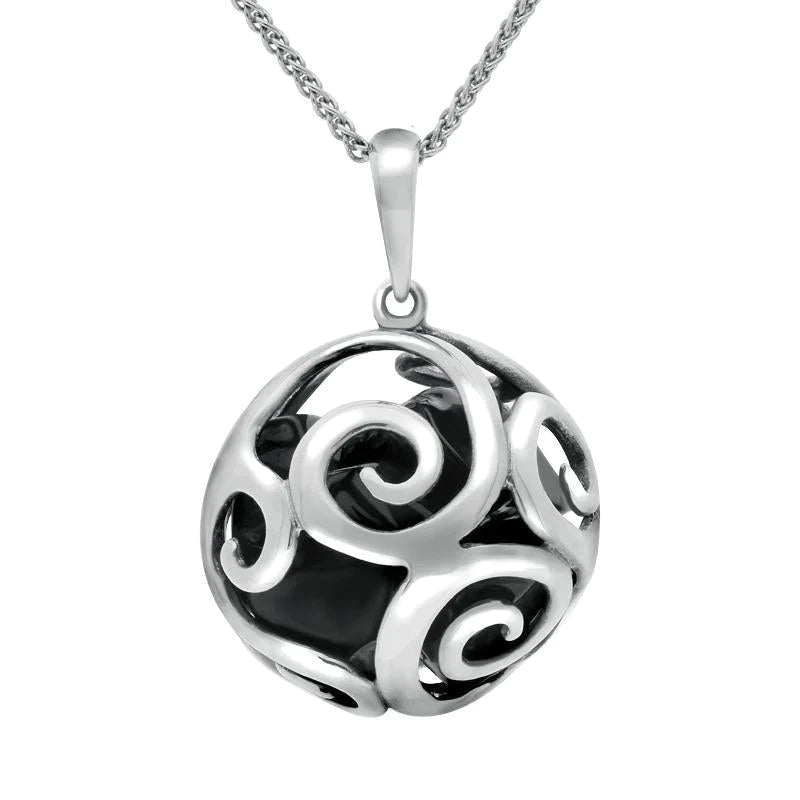 Sterling Silver Whitby Jet Swirl Cage Bead Ball Necklace