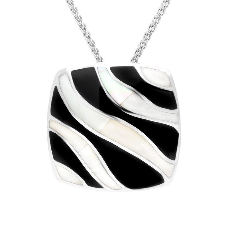 Sterling Silver Whitby Jet and Mother of Pearl Wavy Line Cushion Necklace