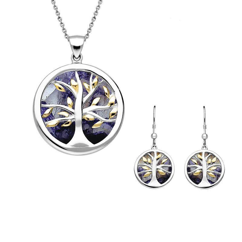 Sterling Silver Yellow Gold Plate Blue John Medium Round Tree of Life Two Piece Set
