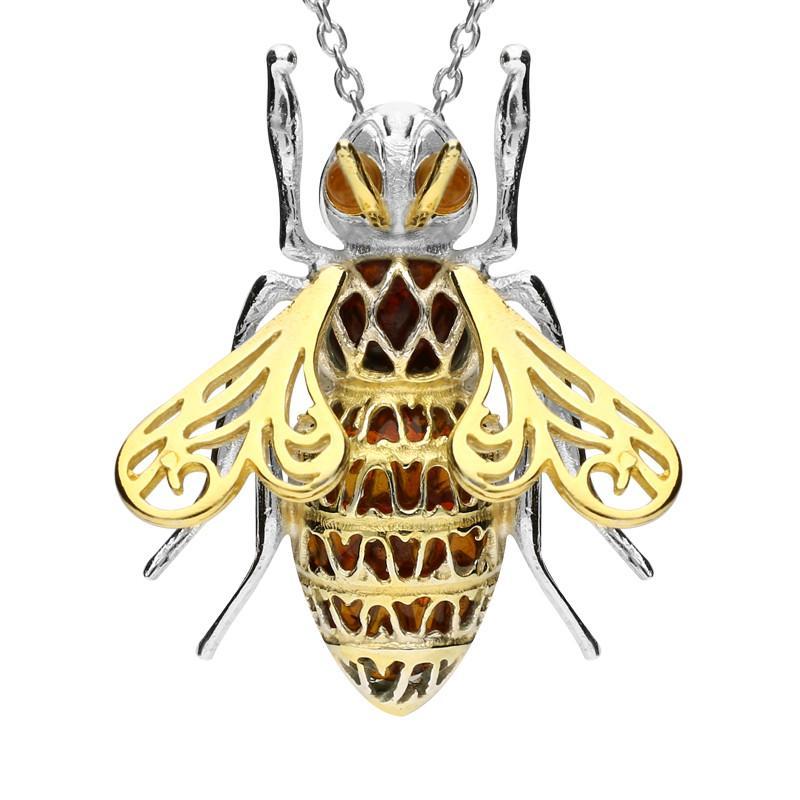 Yellow Gold Sterling Silver Plated Amber Honey Bee Necklace
