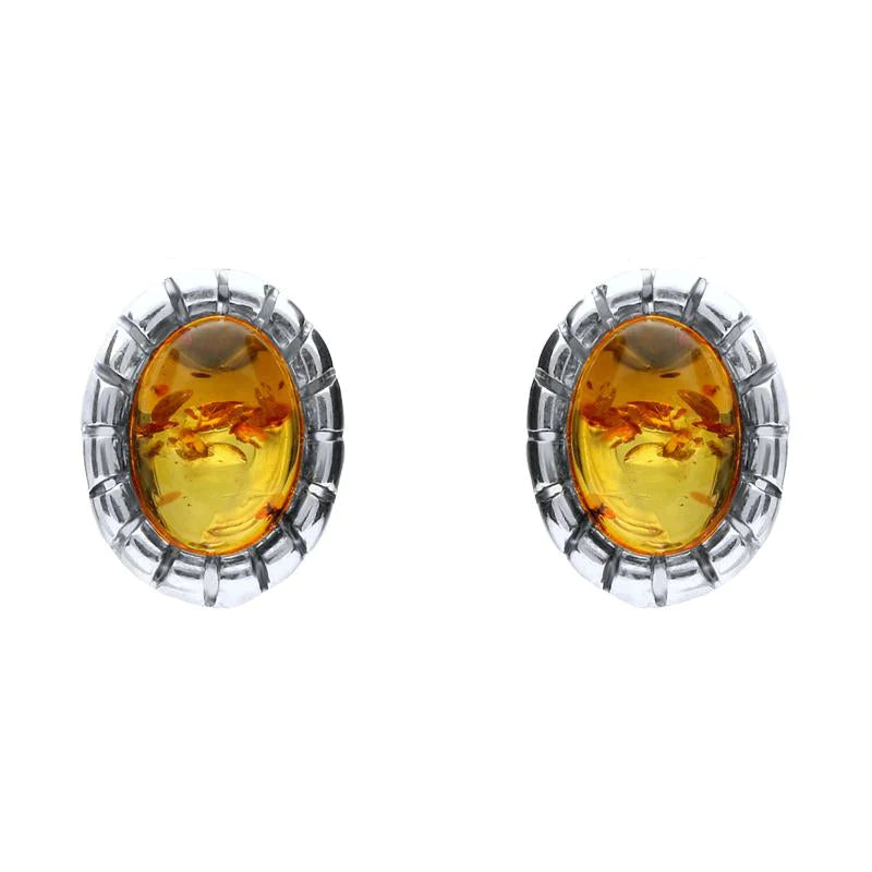 Sterling Silver Baltic Amber Oval Beaded Edge Small Stud Earrings
