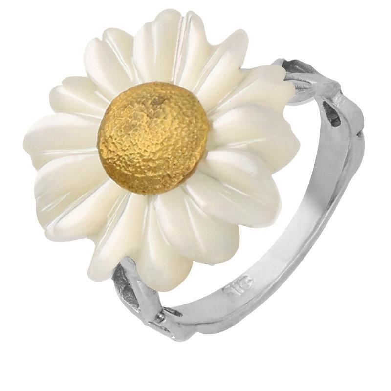 Sterling Silver and Yellow Gold White Mother Of Pearl Tuberose 21mm Daisy Ring