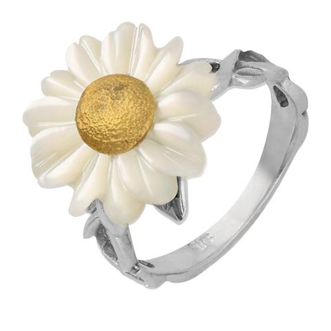 Sterling Silver and Yellow Gold White Mother Of Pearl Tuberose 16mm Daisy Ring