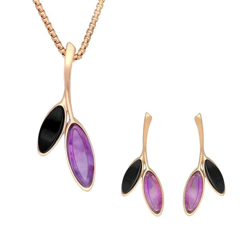 Rose Gold Plated Sterling Silver Whitby Jet Amethyst Leaf Drop Two Piece Set