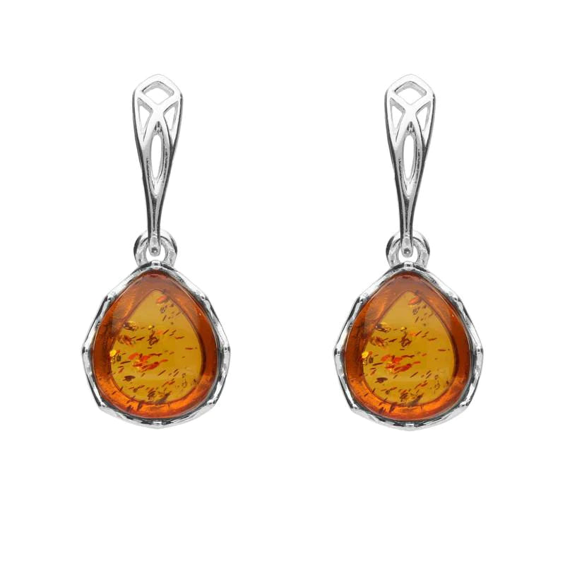 Sterling Silver Amber Pierced Side Pear Drop Earrings