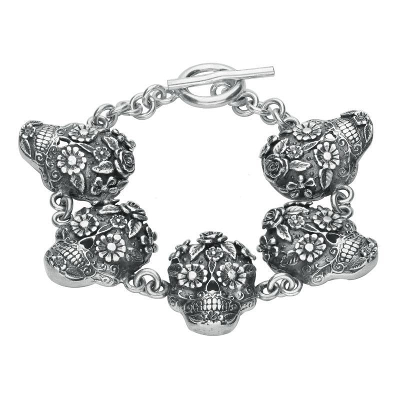 Sterling Silver Day Of The Dead 5 Skull Bracelet