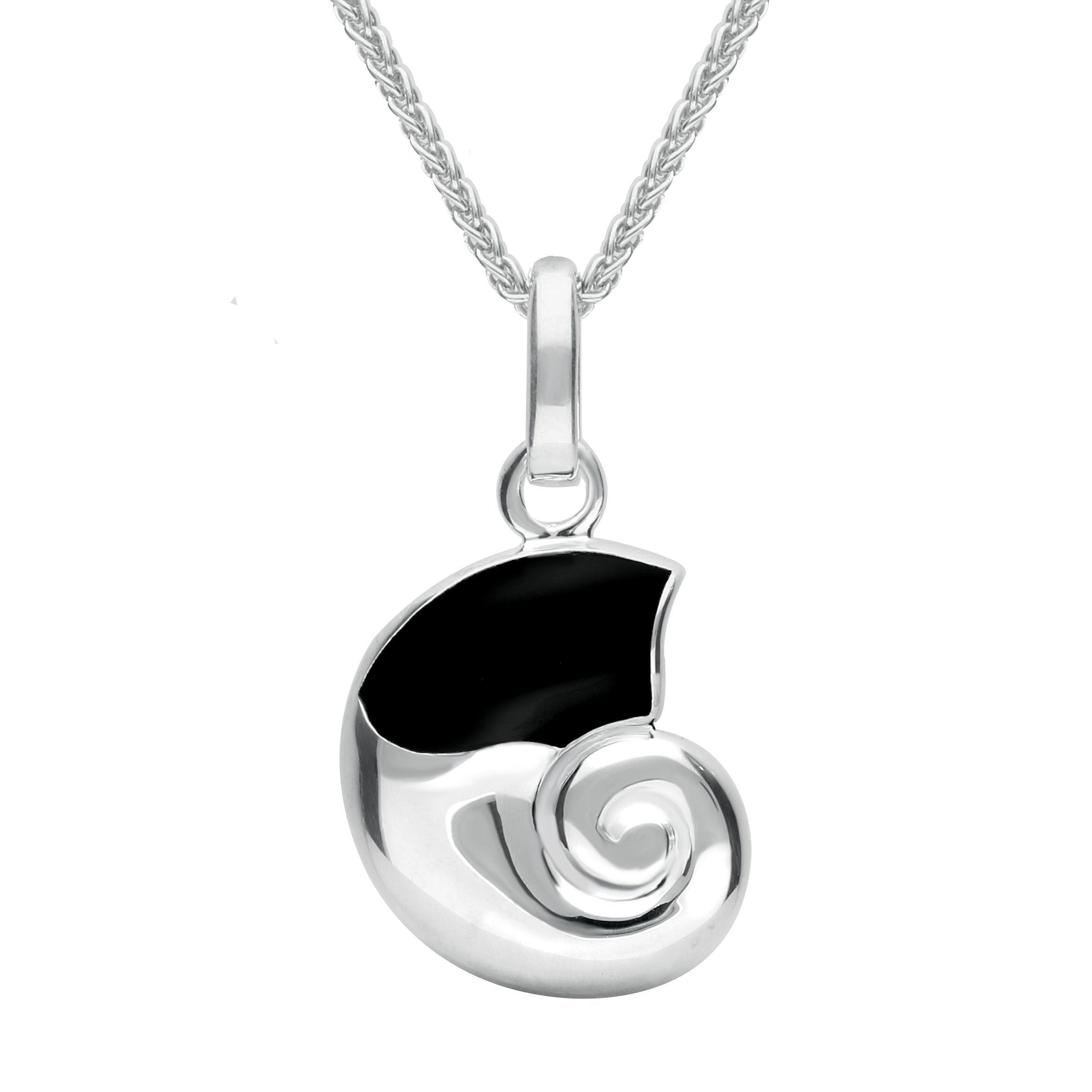 Sterling Silver Whitby Jet Ammonite Shaped Necklace