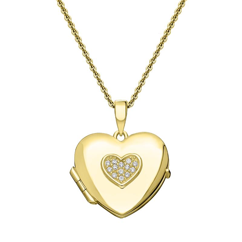 Yellow Gold Plated Sterling Silver Cubic Zirconia Heart Keepsake Locket