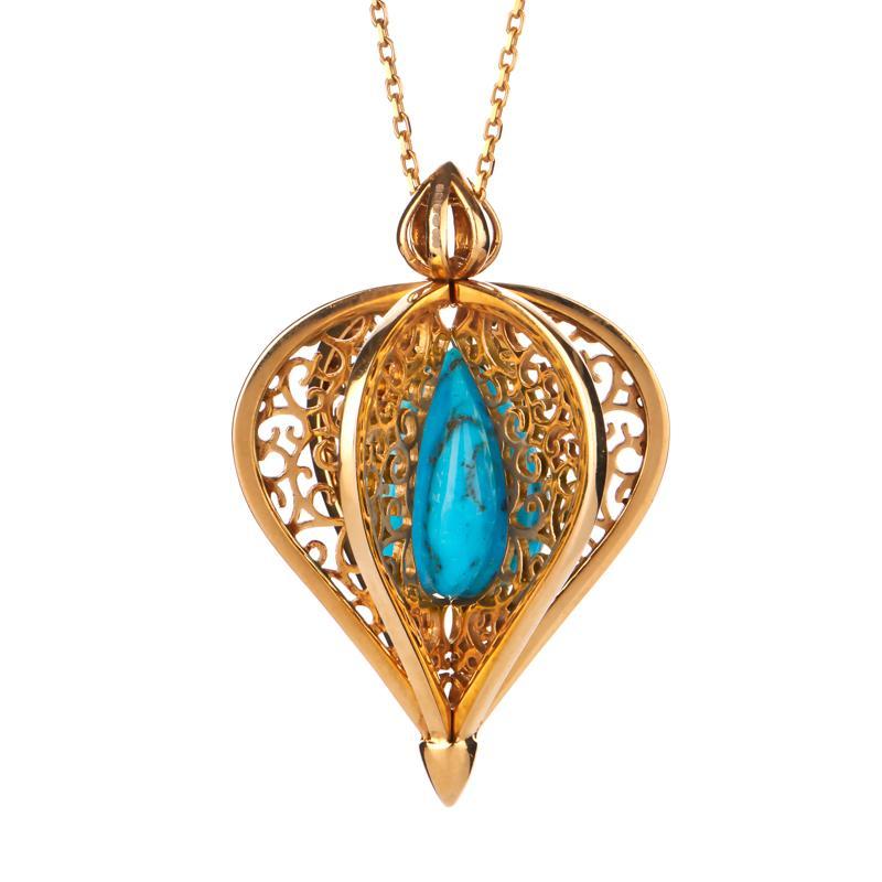 Yellow Gold Plated Sterling Silver Turquoise Flore Filigree Droplet Necklace