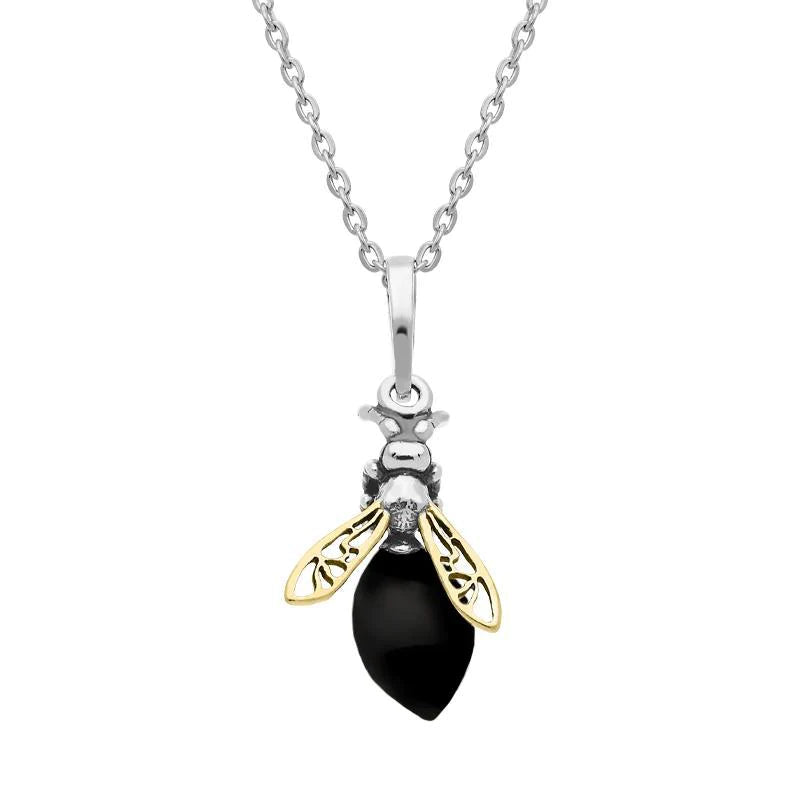 Yellow Gold Plated Sterling Silver Whitby Jet Bee Necklace
