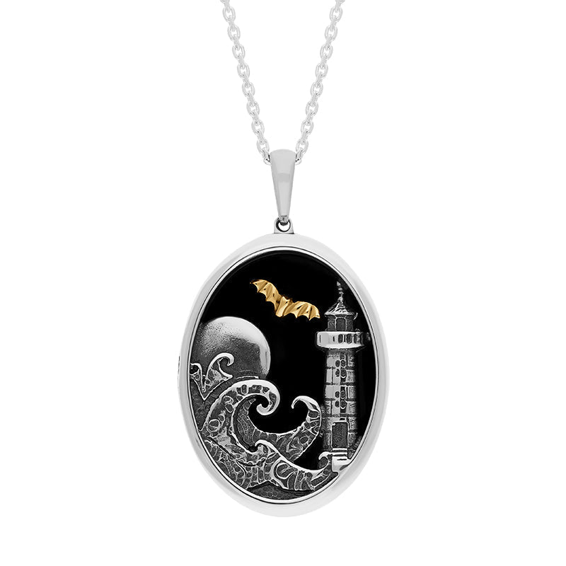 Sterling Silver 9ct Yellow Gold Whitby Jet Whitby Lighthouse and Bat Oval Necklace
