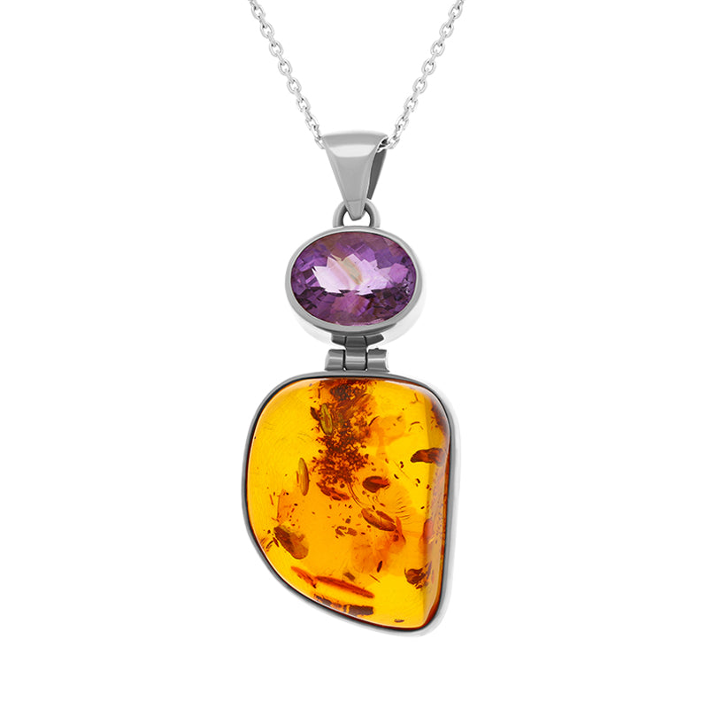Sterling Silver Amber Amethyst Pendant Necklace D