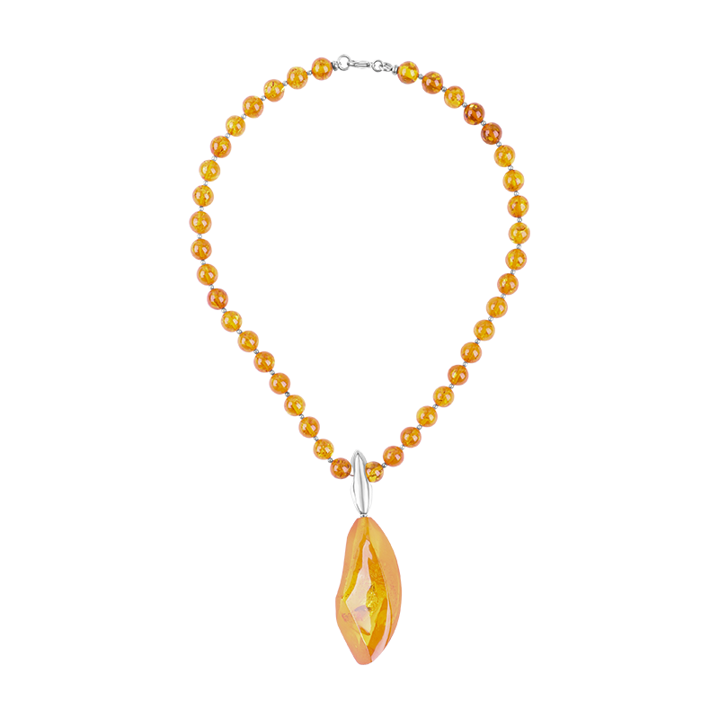 Sterling Silver Amber Beaded Pendant Necklace D