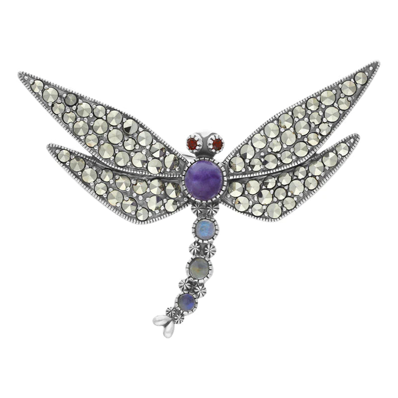 Sterling Silver Blue John Marcasite Garnet Moonstone Dragonfly Brooch