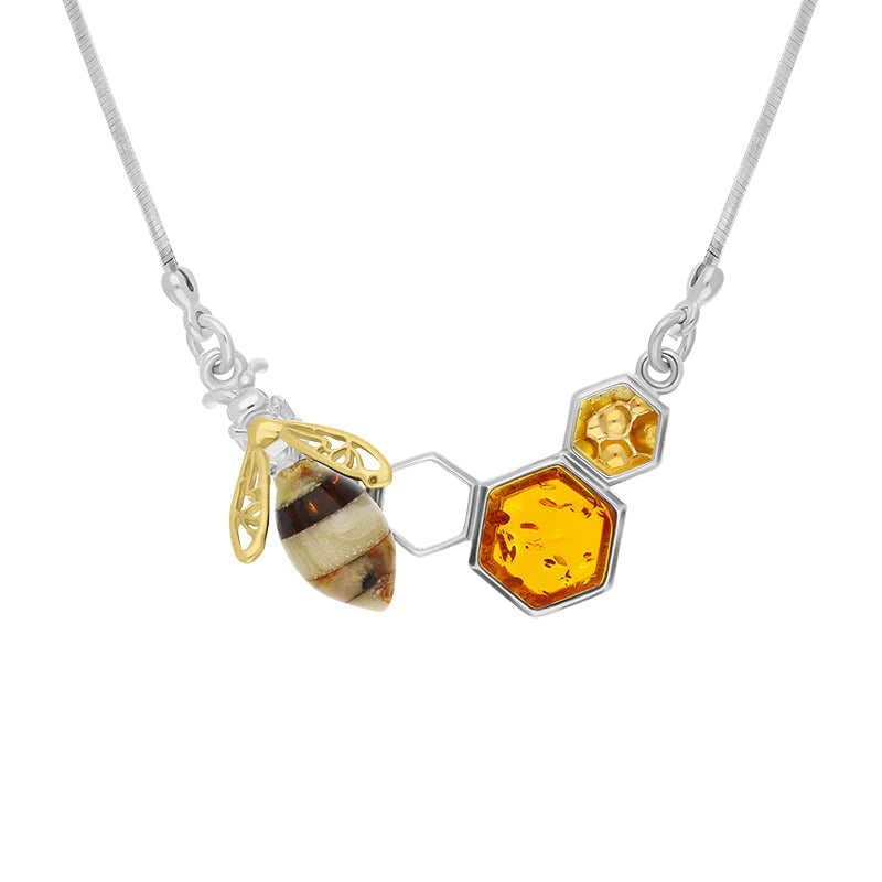 Sterling Silver Gold Plated Amber Bee Honeycomb Necklace