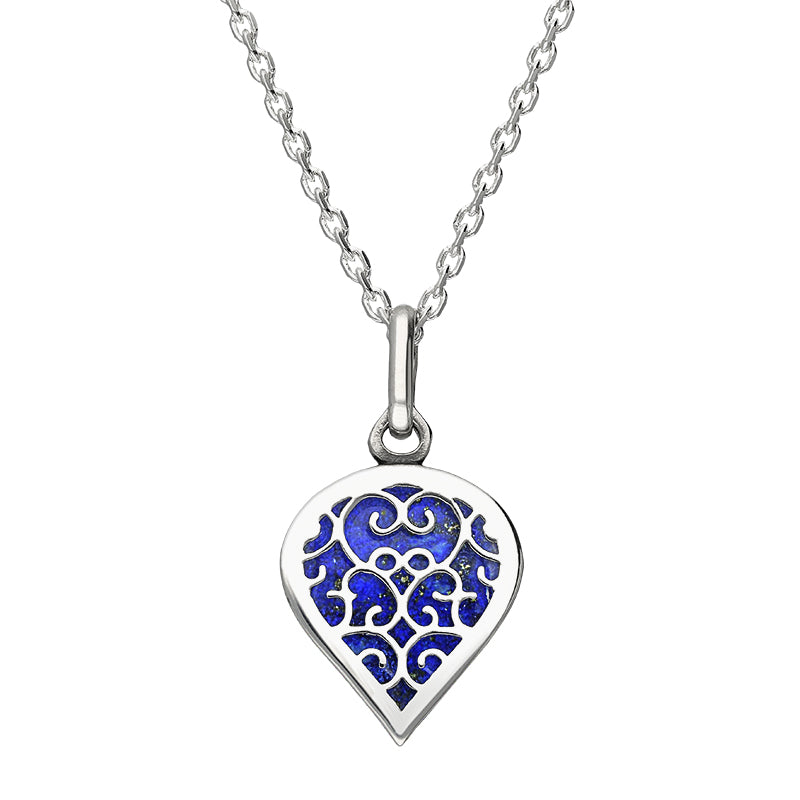 Sterling Silver Lapis Lazuli Flore Filigree Small Heart Necklace