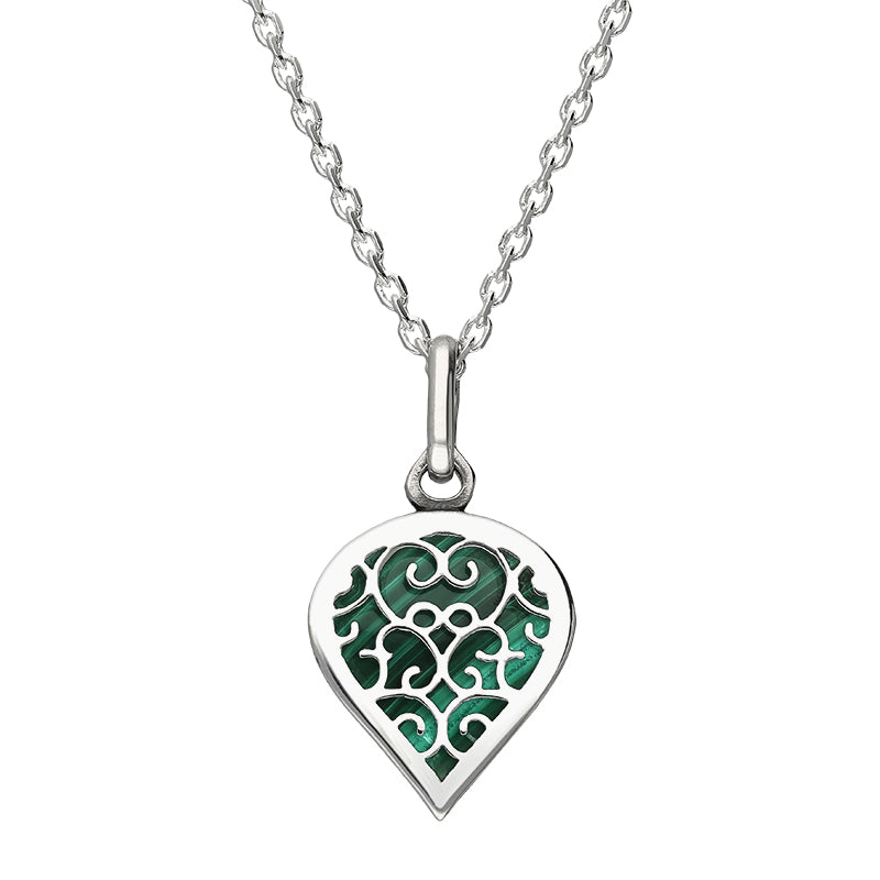 Sterling Silver Malachite Flore Filigree Small Heart Necklace