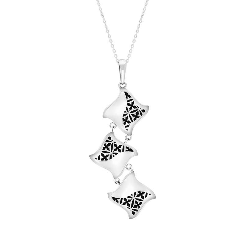 Sterling Silver Whitby Jet Reversible Filigree Triple Square Pendant