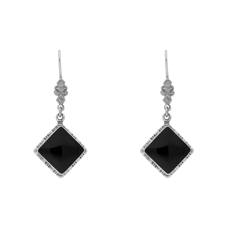 Sterling Silver Whitby Jet Square Beaded Edge Drop Earrings D
