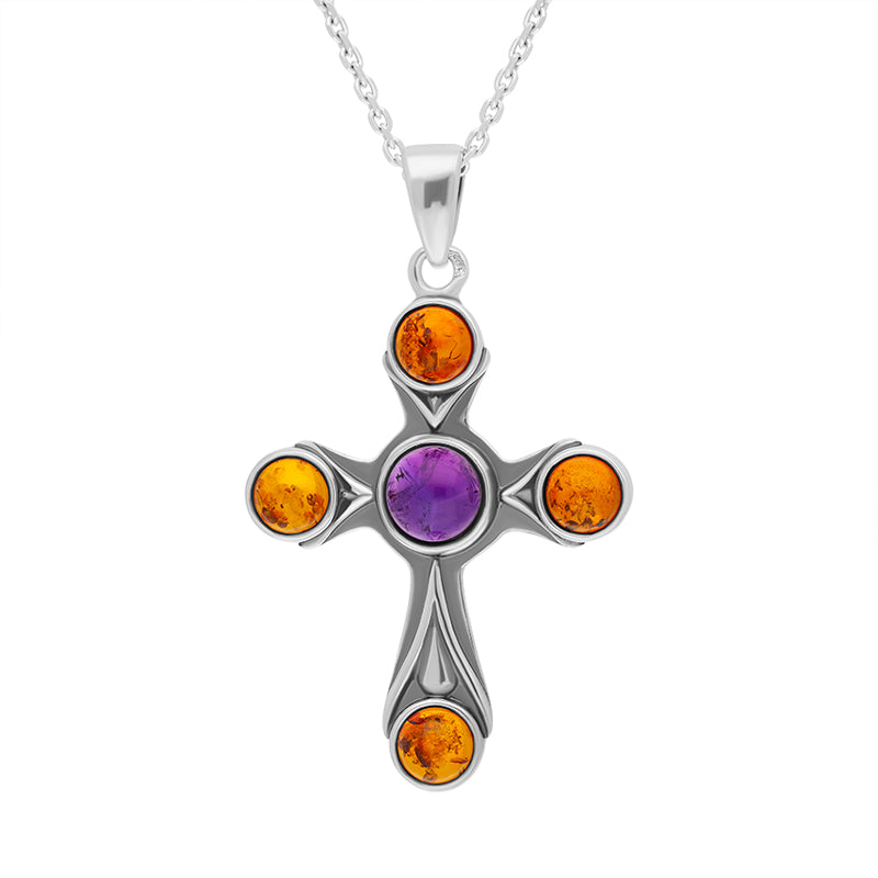 Sterling Silver Amber Amethyst Gothic Stone Set Cross Necklace D
