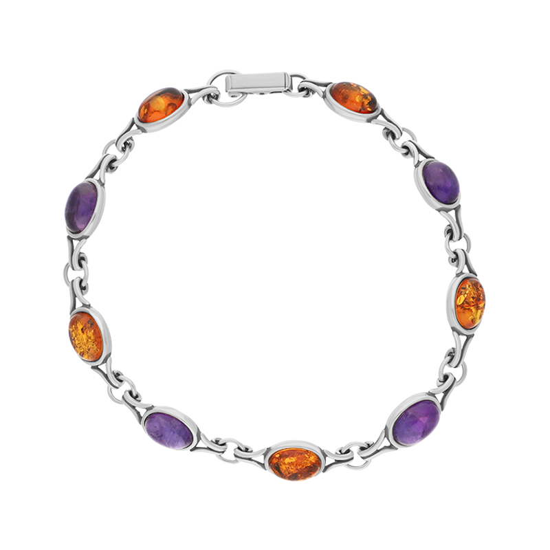 Sterling Silver Amber Amethyst Nine Stone Small Oval Bracelet D