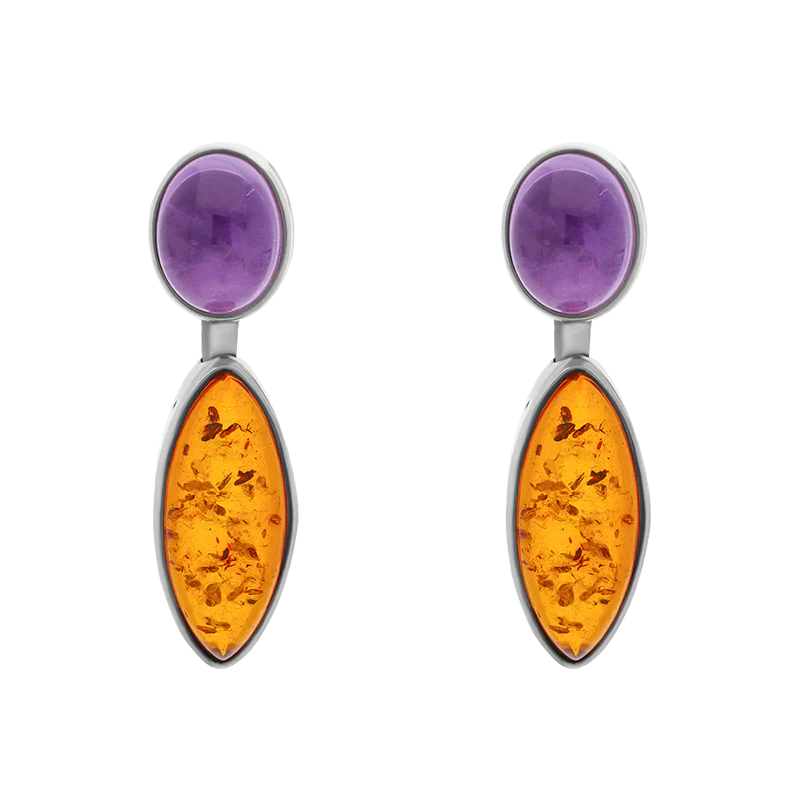 Sterling Silver Amber Amethyst Oval Top Marquise Drop Stud Earrings