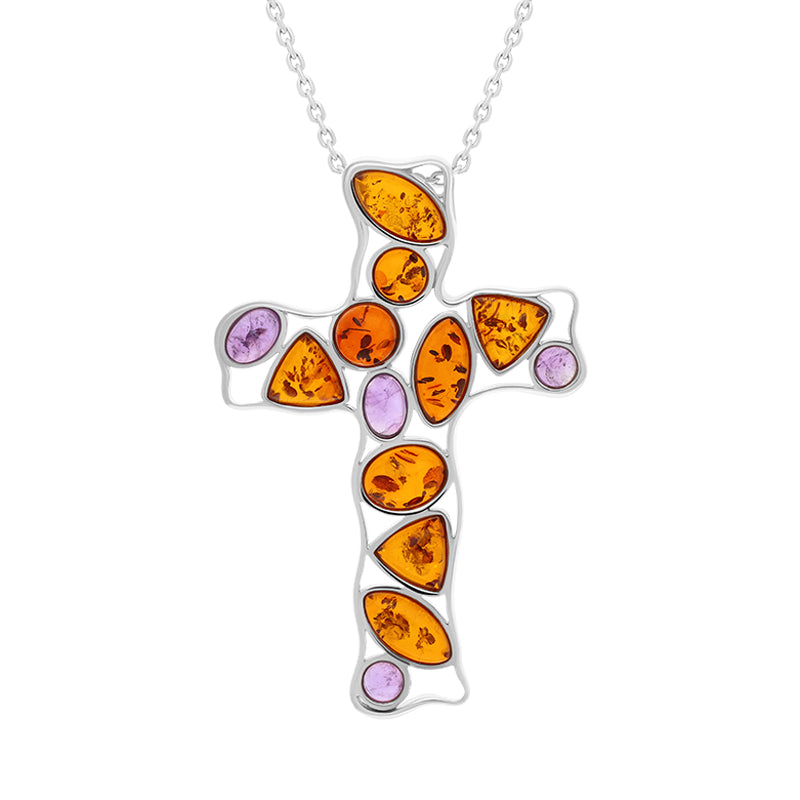Sterling Silver Amber Amethyst Stone Set Cross Necklace D