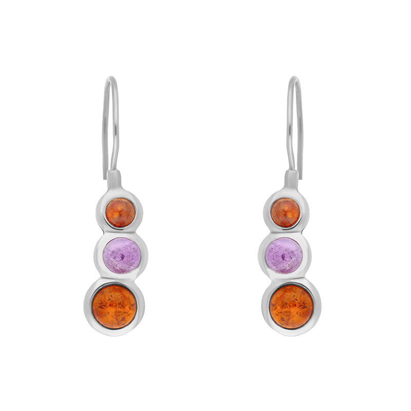 Sterling Silver Amber Amethyst Tapered Round Drop Earrings