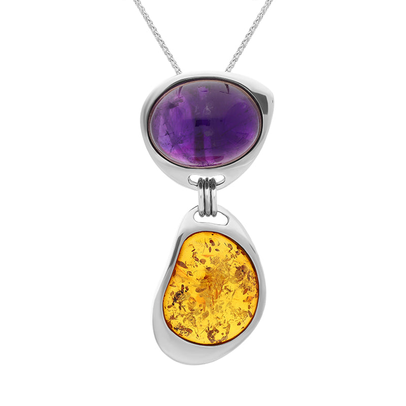 Sterling Silver Amber Amethyst Two Stone Drop Necklace