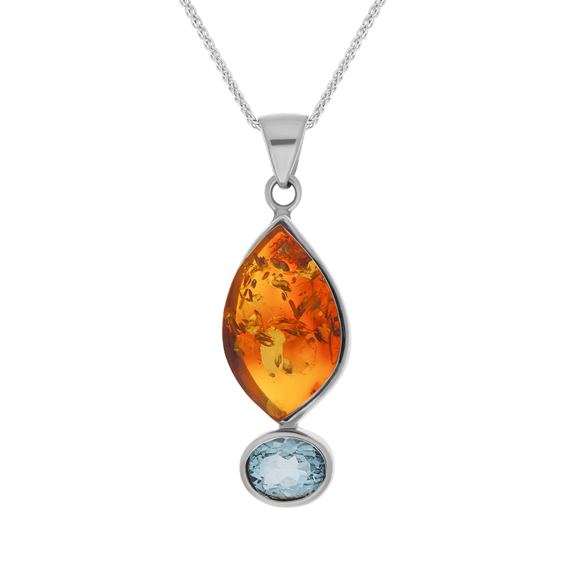 Sterling Silver Amber Blue Topaz Marquise Drop Necklace