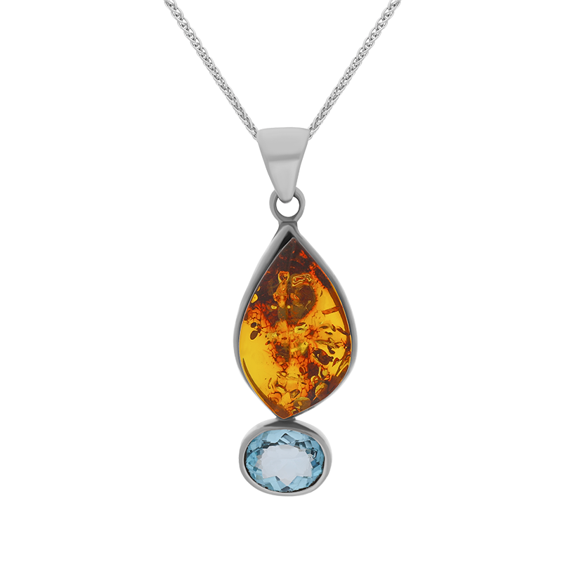 Sterling Silver Amber Blue Topaz Marquise Drop Necklace