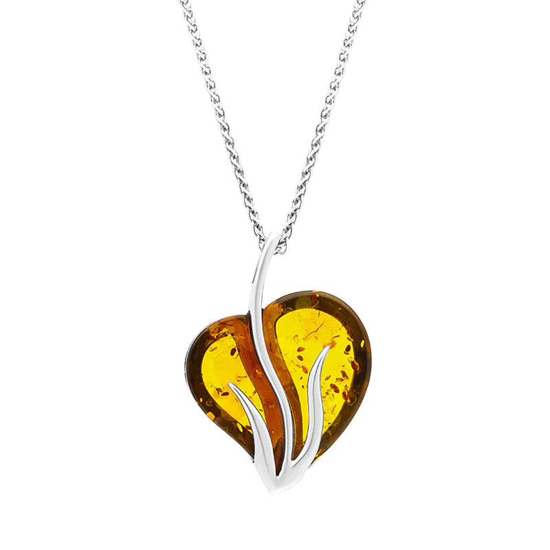 Sterling Silver Amber Curved Leaf Pendant Necklace