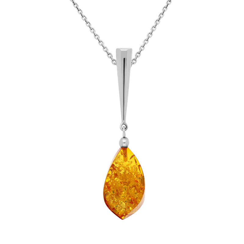 Sterling Silver Amber Long Pear Shaped Drop Necklace